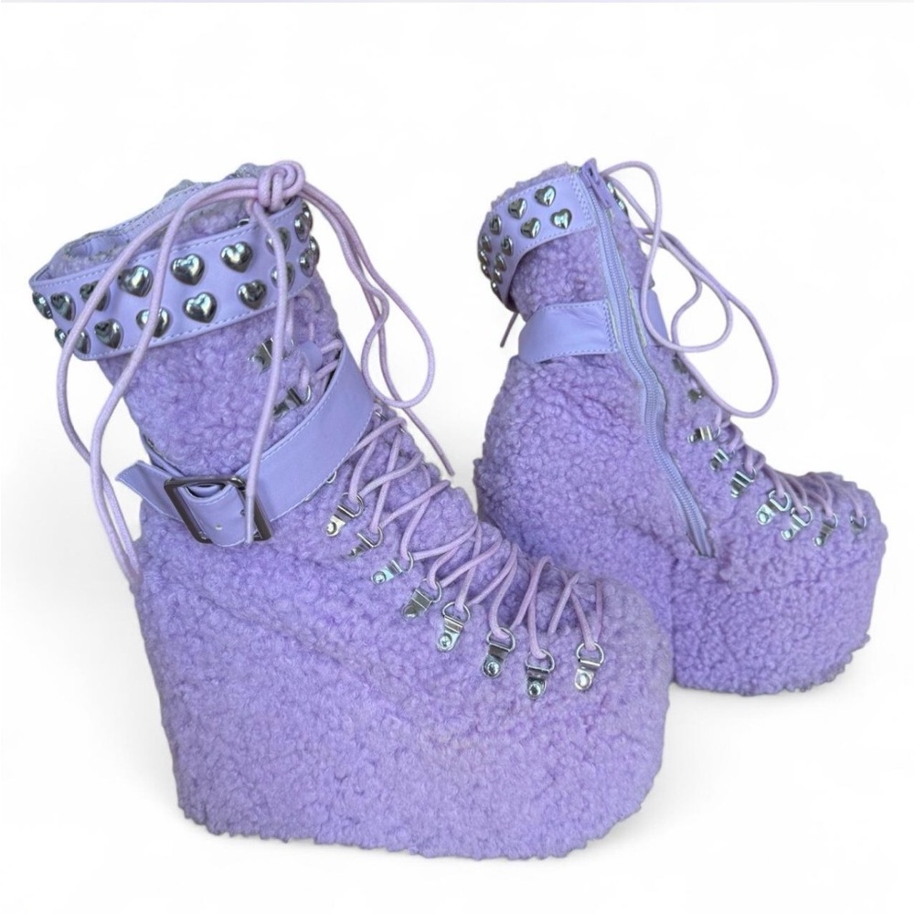 Sugar Thrillz lavender Sherpa Heart-Studded Platform Boots